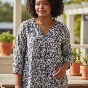 Cynthia Rowley Floral Elbow Sleeve V-neck Top - Blue & Neutrals Floral - 1X